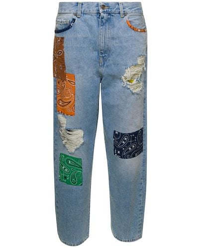 Alanui Light E Jeans With Bandana Patchwork In Cotton Denim - Blue