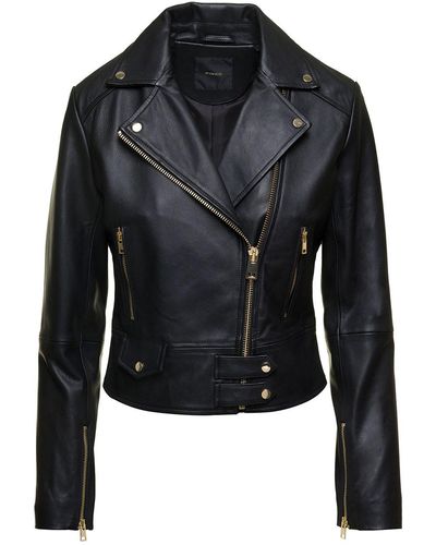 Pinko Cropped Leather Biker Jacket - Black