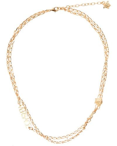 Versace Double Chain Golden Metal Necklace With Logo Pendant Detail Woman - White