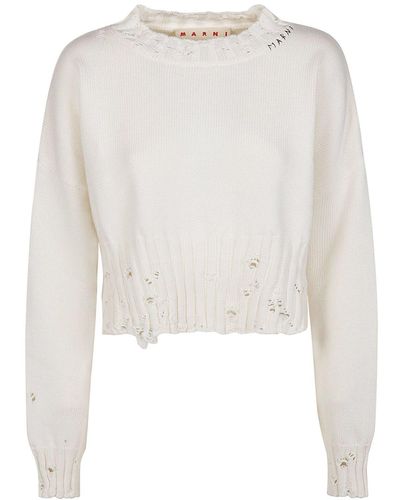 Marni Distressed Cropped Knitted Jumper - White