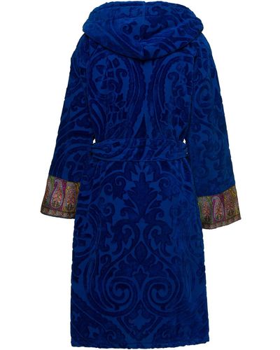 Etro New Tradition Hooded Bath Robe With Ornamental Print Home - Blue