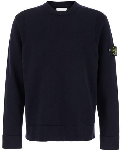 Stone Island Jumper With Logo Patch And Ribbed Trim - Blue