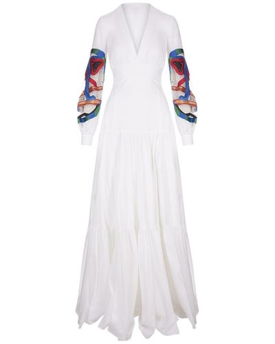 Stella Jean White Long Dress With Embroidered Sleeves