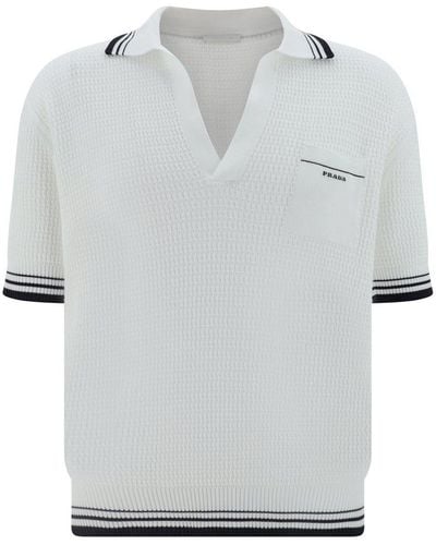 Prada Logo Embroidered Knit Polo Shirt - Grey