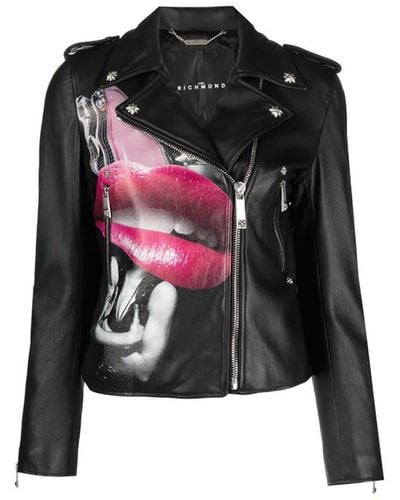 John Richmond 100% Leather Jacket With Heat Pressed Print. Decentralised Fastener By Contrasting Zip - Black