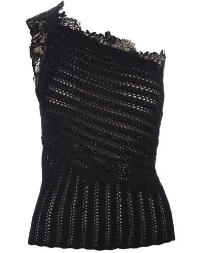 Ermanno Scervino Cotton Top With Lace And Crystals - Black