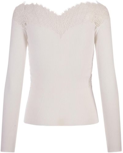 Ermanno Scervino Sweater With Lace And Boat Neckline - White