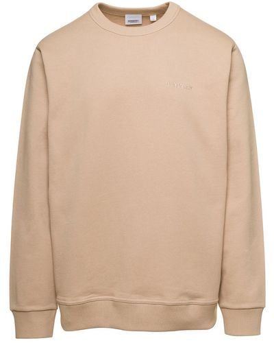 Burberry Beige Crewneck Sweatshirt With Logo Embroidery And Equestrian Knight Print In Cotton - Natural