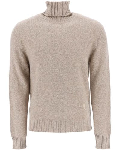 Ami Paris Melange-Effect Cashmere Turtleneck Sweater - Natural