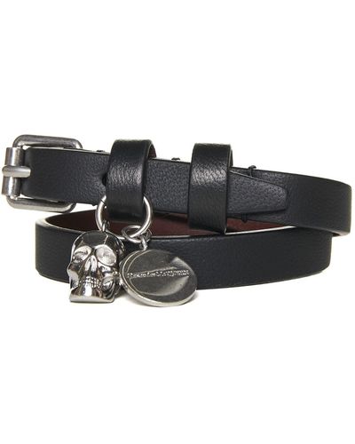 Alexander McQueen Skull Double Wrap Leather Bracelet - Black