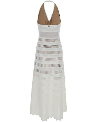 Twin Set Long Perforated Dress With Halterneck - White