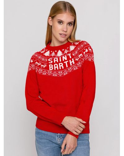 Mc2 Saint Barth Woman Sweater With Norwegian Jacquard Print - Red