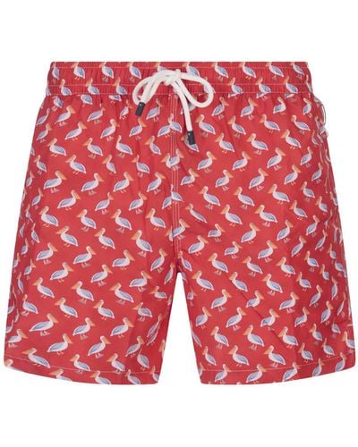 Fedeli Swim Shorts With Pelican Pattern - Red