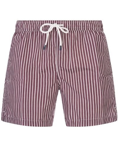 Fedeli Burgundy And Striped Swim Shorts - Red