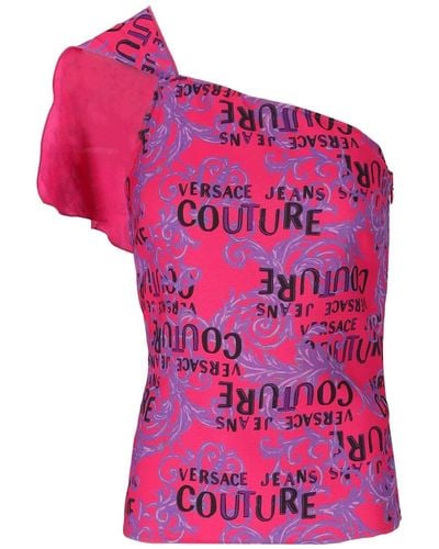 Versace Logo Couture Fuchsia One-shoulder Top - Pink