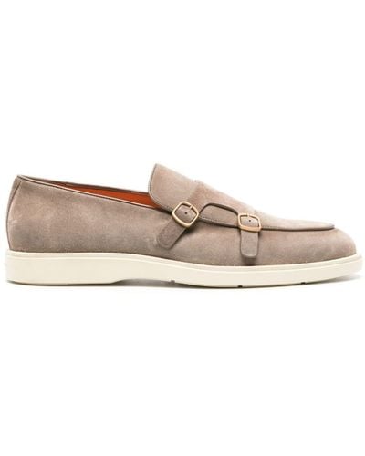 Santoni Taupe Calf Suede Monk Shoes - White