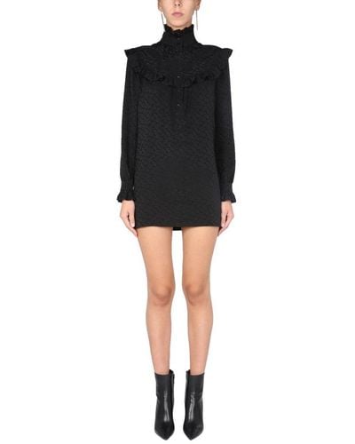 Saint Laurent High Neck Long-sleeved Mini Dress - Black