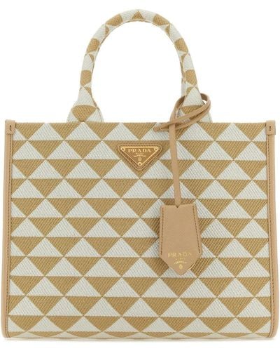 Prada Embroidered Fabric Small Symbole Shopping Bag - Brown