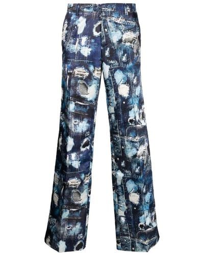 John Richmond Wide Trousers With Iconic Runway Pattern. - Blue