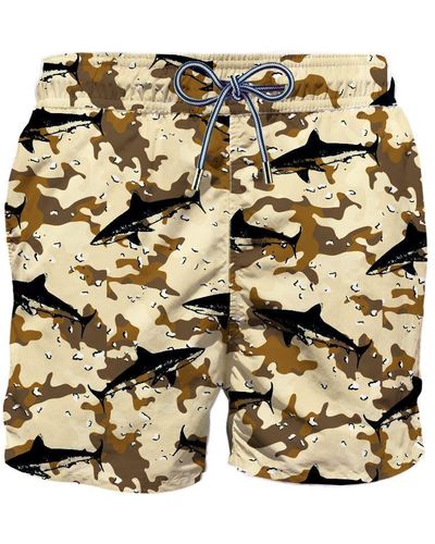 Mc2 Saint Barth Flock Fabric Shark On Camouflage Background Swim Shorts - Metallic
