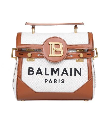 Balmain B-buzz 23 Bag In Canvas And Leather - Brown