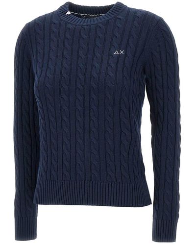 Sun 68 Round Neck Cable Cotton Sweater - Blue