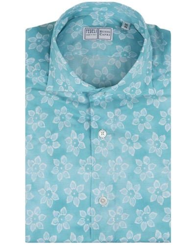 Fedeli Light Panamino Sean Shirt With Floral Pattern - Blue