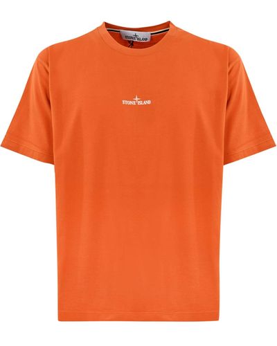 Stone Island T-Shirt With 2Rc89 Logo Print - Orange