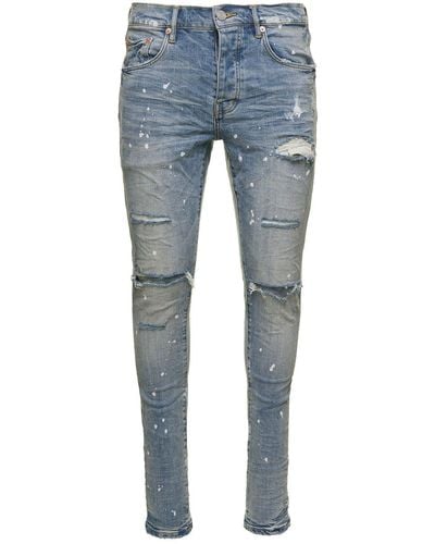 Purple Brand Light Blue Five Pockets Skinny Jeans With Paint Stains In Cotton Denim