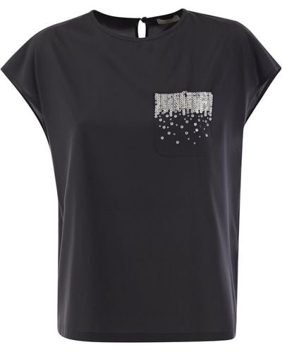 Peserico Crepe De Chine Top With Sequin Pocket - Black