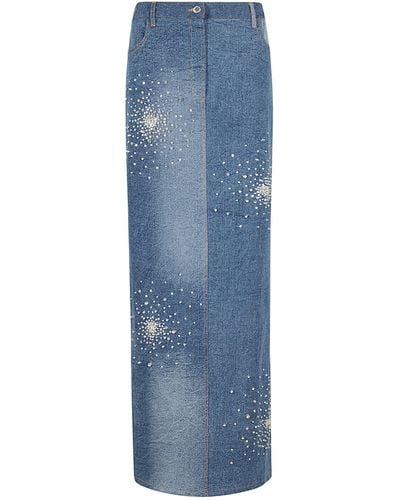 Des Phemmes Tie Dye Embroidered Denim Midi Skirt - Blue