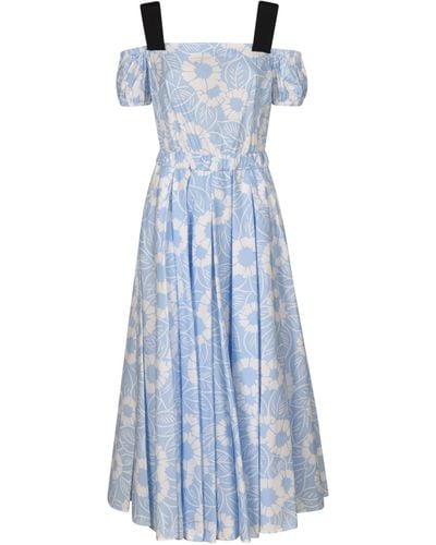 Prada Floral Print Pleated Dress - Blue