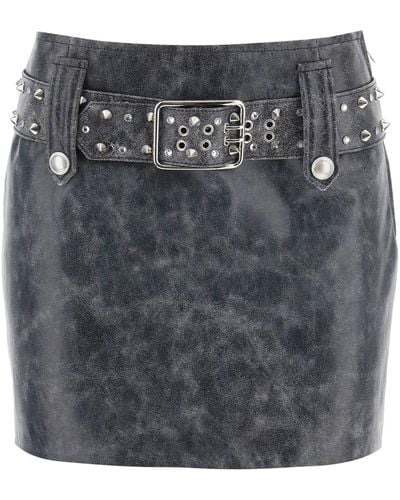 Alessandra Rich Leather Mini Skirt With Belt And Appliques - Gray