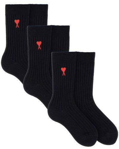 Ami Paris De Coeur Logo Intarsia Set Of Three Socks - Black