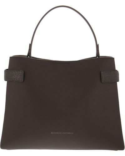Brunello Cucinelli Texture Calfskin Bag With Precious Bands - Black