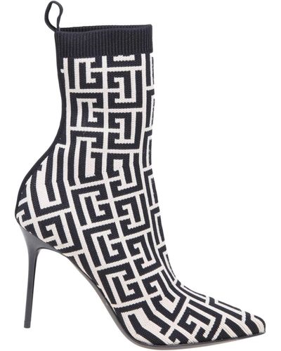 Balmain And Ivory Knitted Monogram Ankle Boots - White