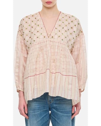 Péro Embroidered Balloon Sleeves Blouse - Natural