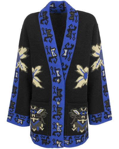 Etro Jacquard Knit Coat With Geometric Patterns - Blue