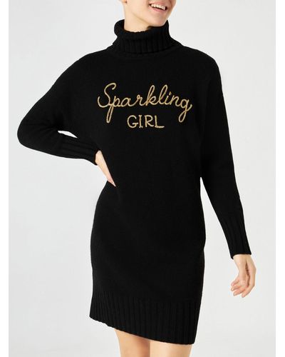 Mc2 Saint Barth Woman Knit Dress With Sparkling Girl Embroidery - Black