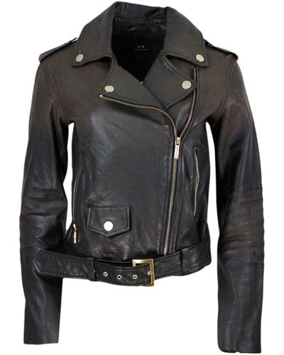 Armani Leather Biker Jacket With Pockets And Zip - Black
