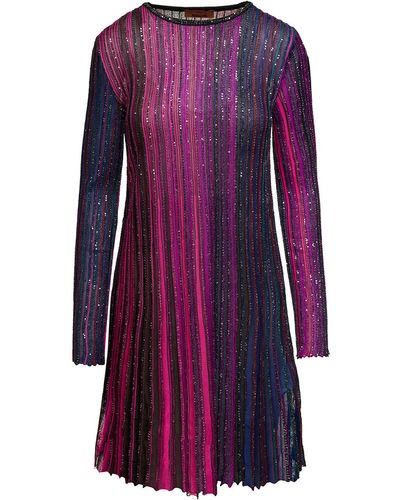 Missoni Partialized Knit With Sequin Long Sleeves Mini Dress - Purple