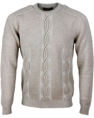 Kiton Long-sleeved Crew-neck Jumper In 100% Pure Cashmere With Braid And Vanisè Coloring - Grey