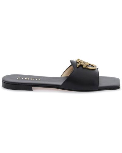 Pinko Love Birds Leather Slides - Black