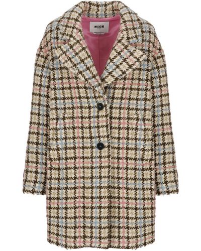 MSGM Houndstooth-pattern Long Sleeved Buttoned Coat - Natural