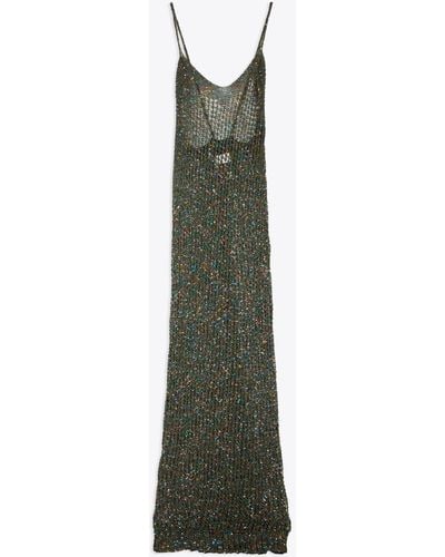 Laneus Pailletes Dress Military Net Knitted Long Dress With Sequins - Green