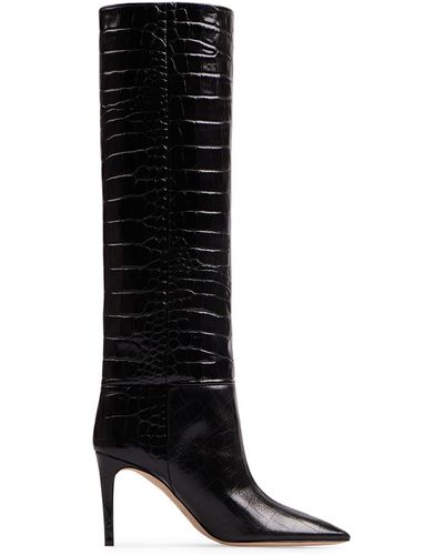 Paris Texas Charcoal Leather Stiletto Boots With Crocodile Print - Black