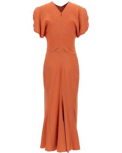 Victoria Beckham Midi Orange Dress With Gathered Waist In Viscose Blend Woman