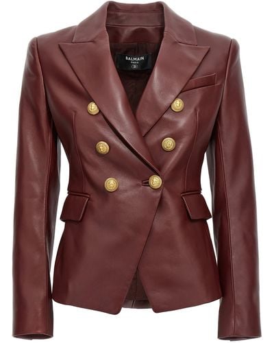 Balmain Double-breasted Leather Blazer Jacket Jackets - Brown