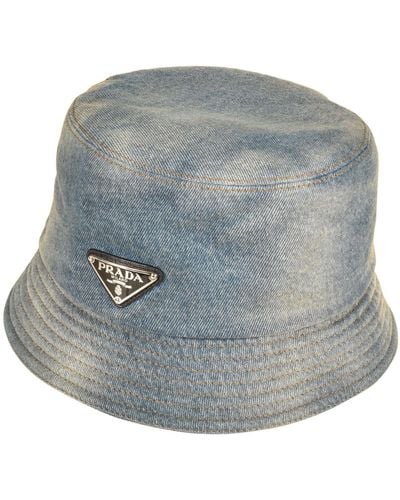 Prada Metal Logo Plaque Denim Bucket Hat - Grey