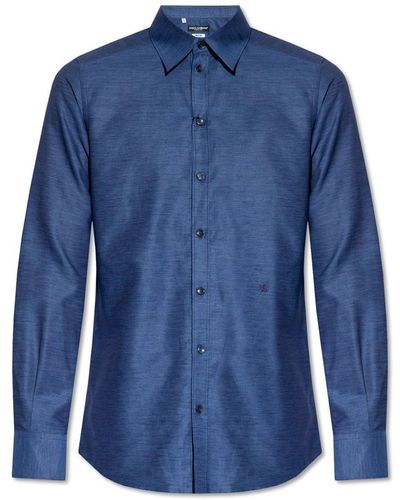 Dolce & Gabbana Logo Embroidered Buttoned Shirt - Blue